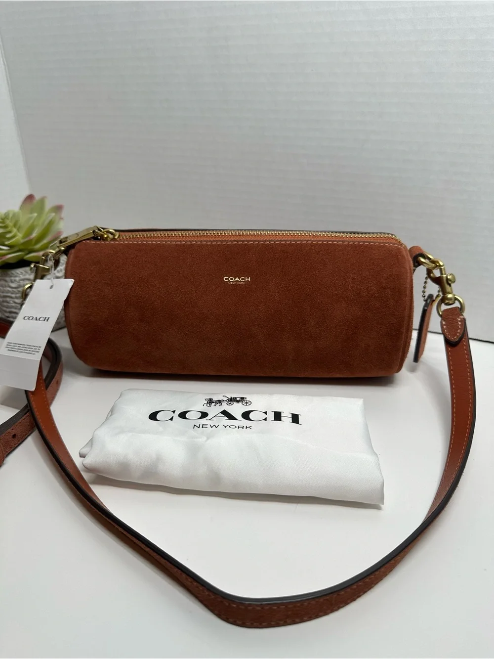 Coach Brown Suede Cylindrical Crossbody Bag with Leather Strap